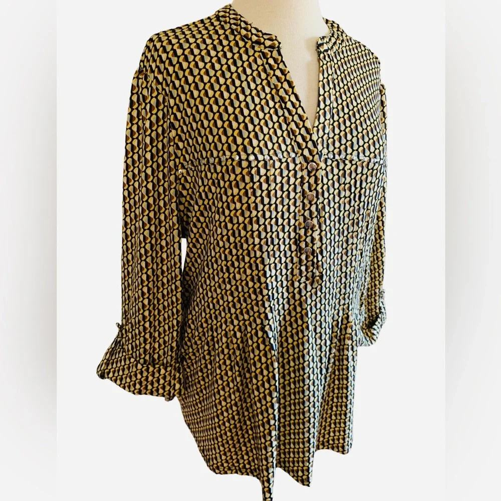 COCOMO 3X yellow brown poly spandex flannel 3/4 sleeve women’s Pintuck tunic - Picture 4 of 15